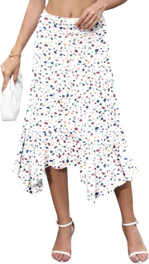 Stretchy High Waisted Midi Skirt for Women Handkerchief Hemline Soft Fit Flowy Summer Casual Skirts