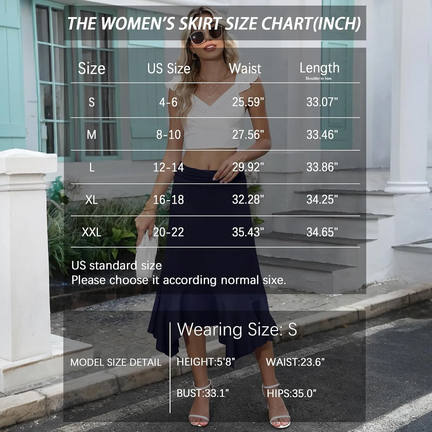 Stretchy High Waisted Midi Skirt for Women Handkerchief Hemline Soft Fit Flowy Summer Casual Skirts