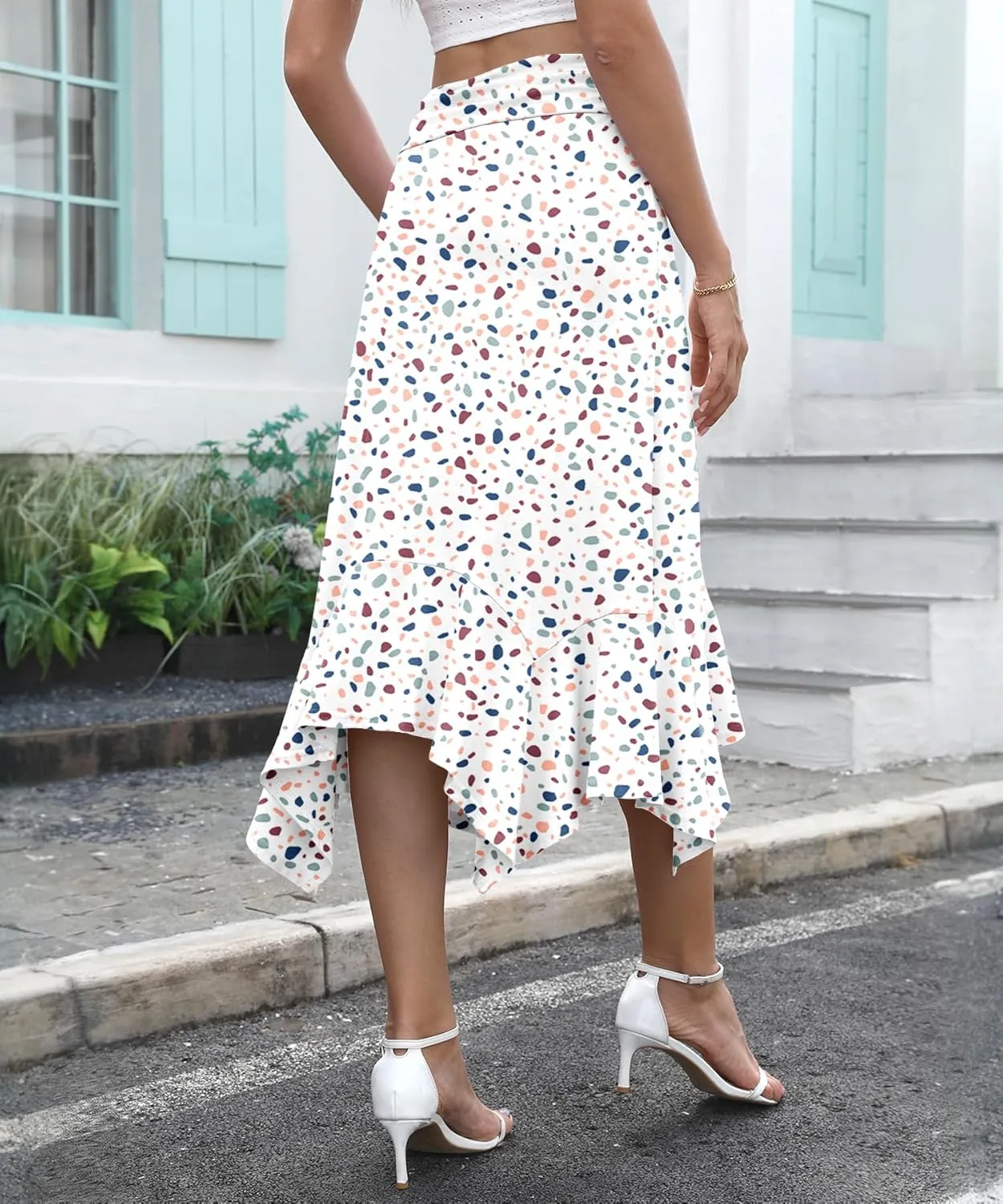 Stretchy High Waisted Midi Skirt for Women Handkerchief Hemline Soft Fit Flowy Summer Casual Skirts