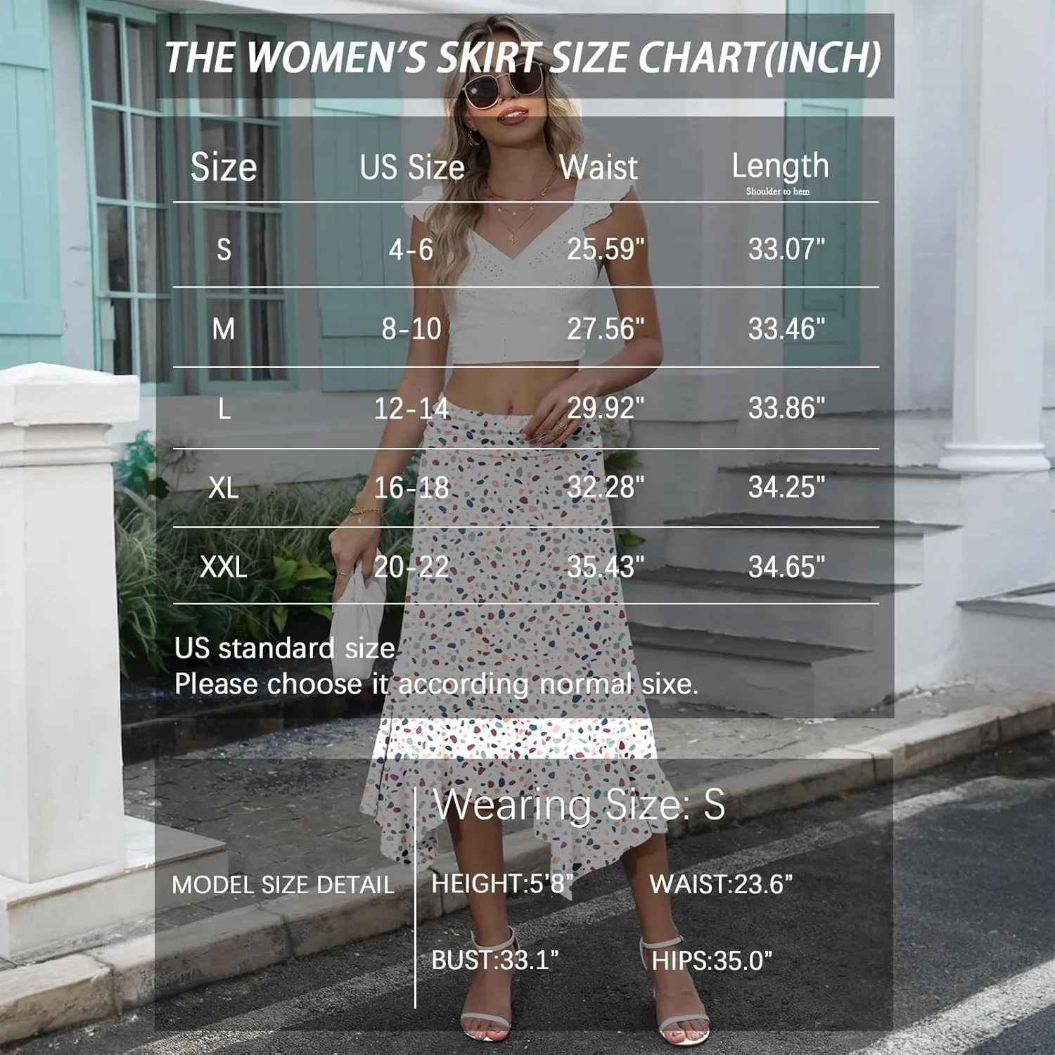 Stretchy High Waisted Midi Skirt for Women Handkerchief Hemline Soft Fit Flowy Summer Casual Skirts