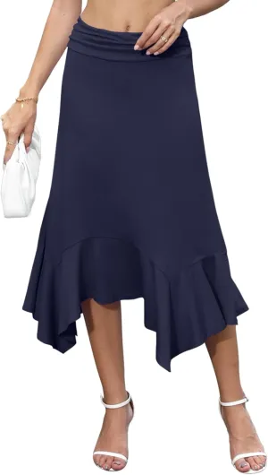 Stretchy High Waisted Midi Skirt for Women Handkerchief Hemline Soft Fit Flowy Summer Casual Skirts