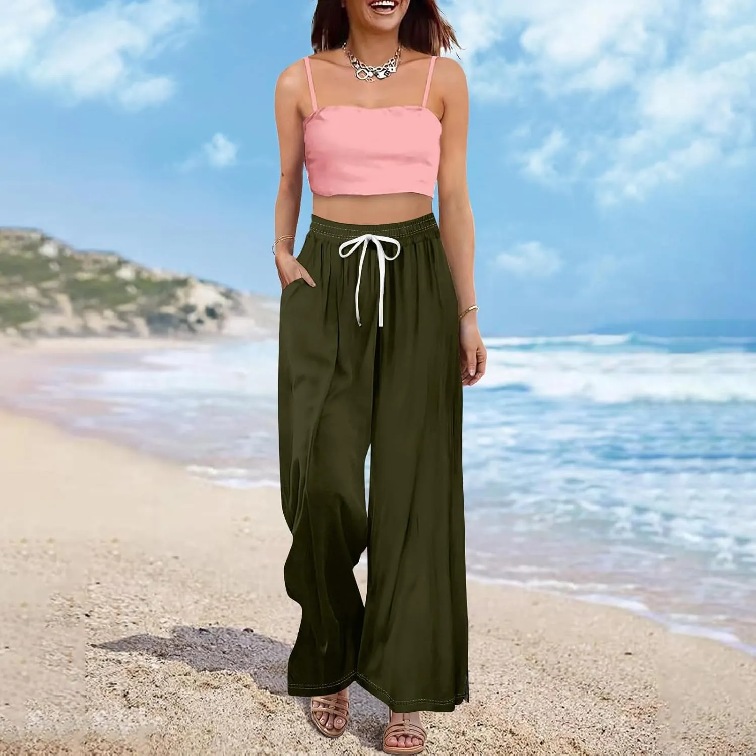Summer Wide Leg Pants for Women High Waistd Flowy Pants Side Split Drawstring Elastic Waist Solid with Pockets Outfits