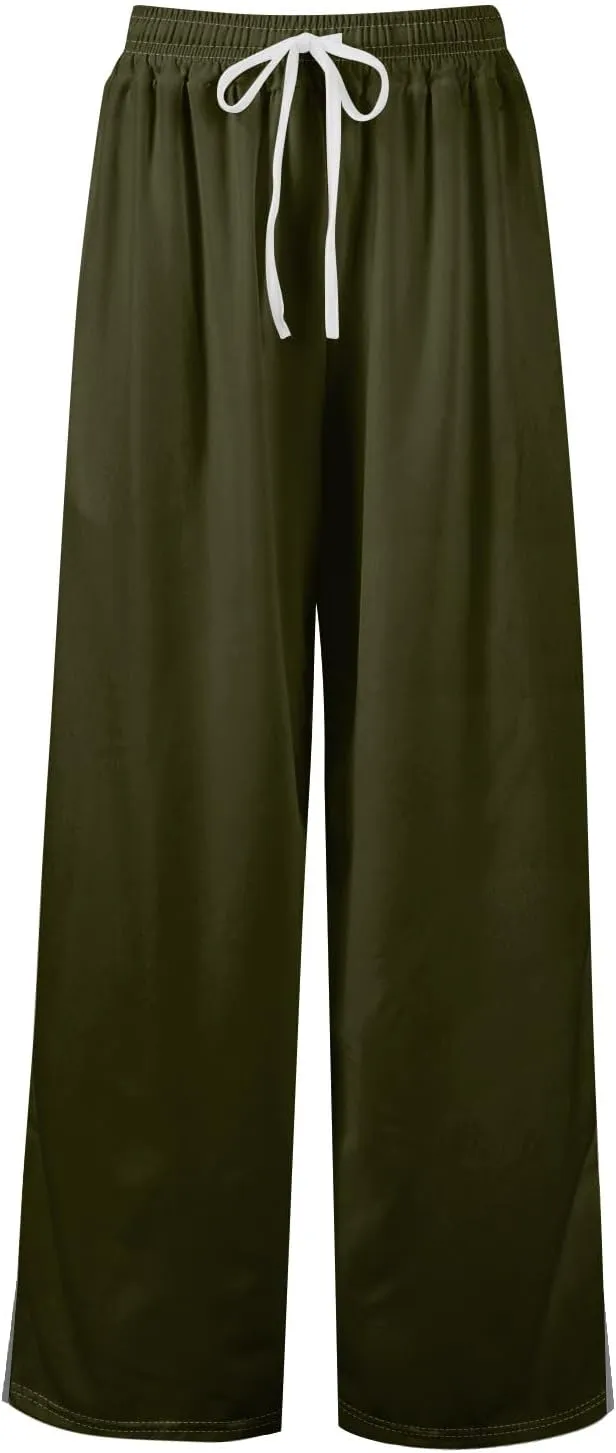 Summer Wide Leg Pants for Women High Waistd Flowy Pants Side Split Drawstring Elastic Waist Solid with Pockets Outfits