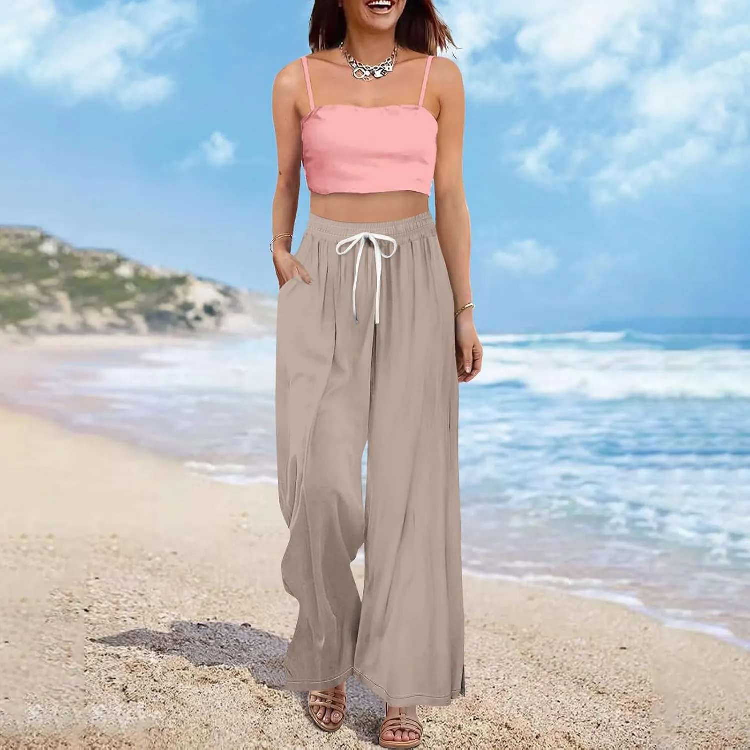 Summer Wide Leg Pants for Women High Waistd Flowy Pants Side Split Drawstring Elastic Waist Solid with Pockets Outfits
