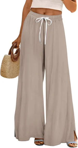 Summer Wide Leg Pants for Women High Waistd Flowy Pants Side Split Drawstring Elastic Waist Solid with Pockets Outfits