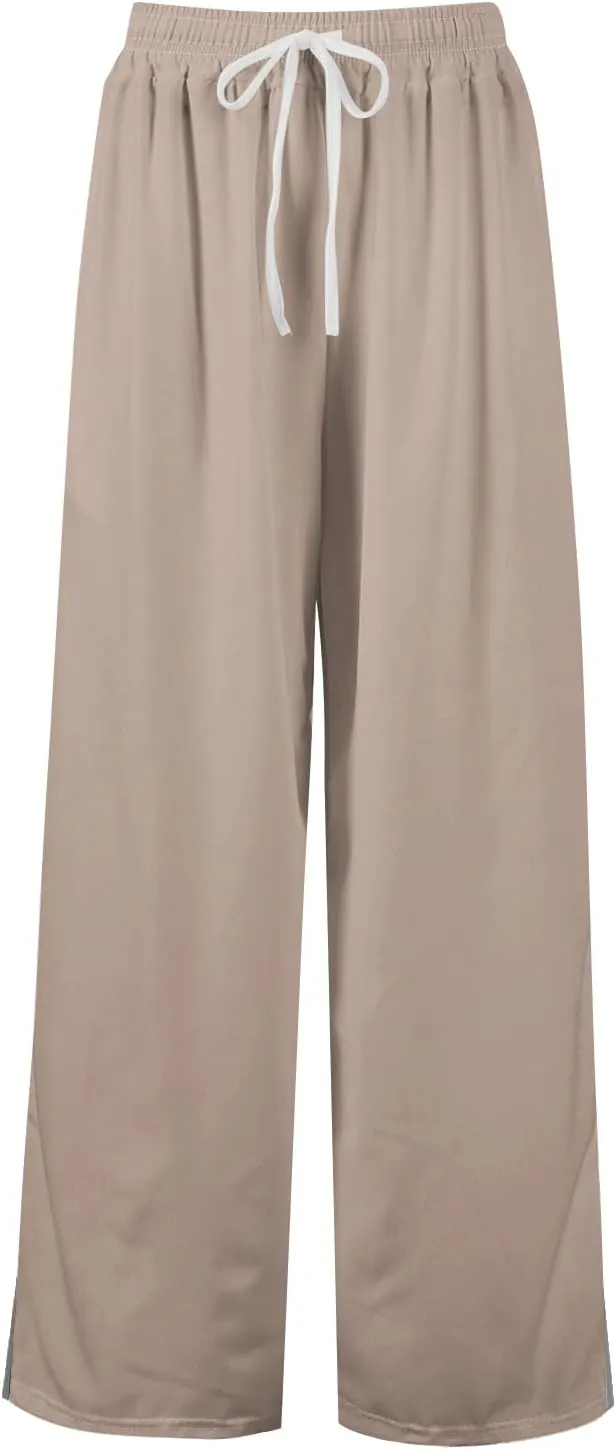 Summer Wide Leg Pants for Women High Waistd Flowy Pants Side Split Drawstring Elastic Waist Solid with Pockets Outfits