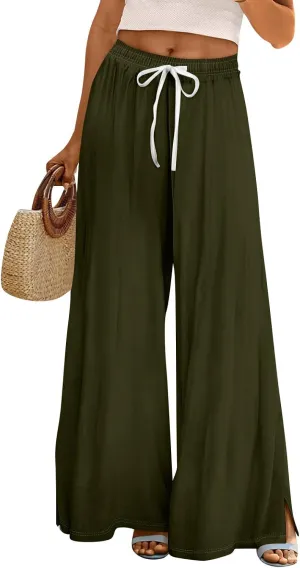 Summer Wide Leg Pants for Women High Waistd Flowy Pants Side Split Drawstring Elastic Waist Solid with Pockets Outfits