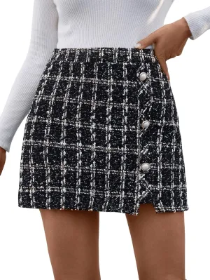 SweatyRocks Women's Elegant High Waist A-line Plaid Tweed Mini Skirt