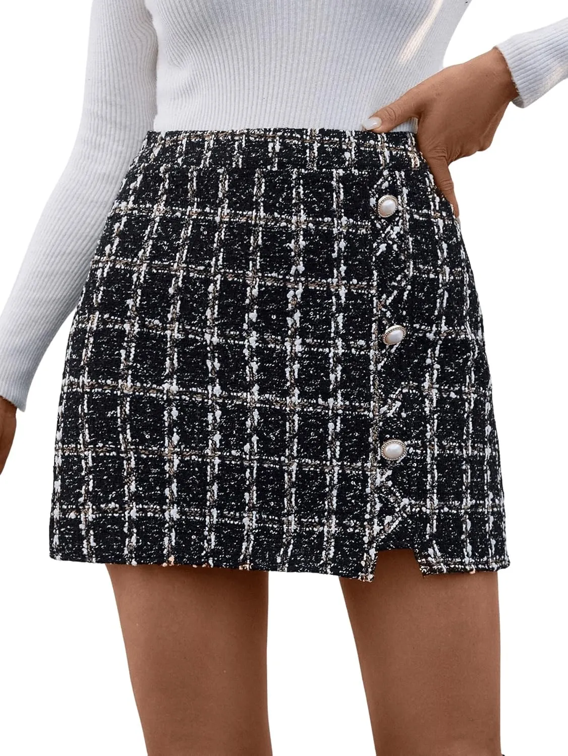 SweatyRocks Women's Elegant High Waist A-line Plaid Tweed Mini Skirt
