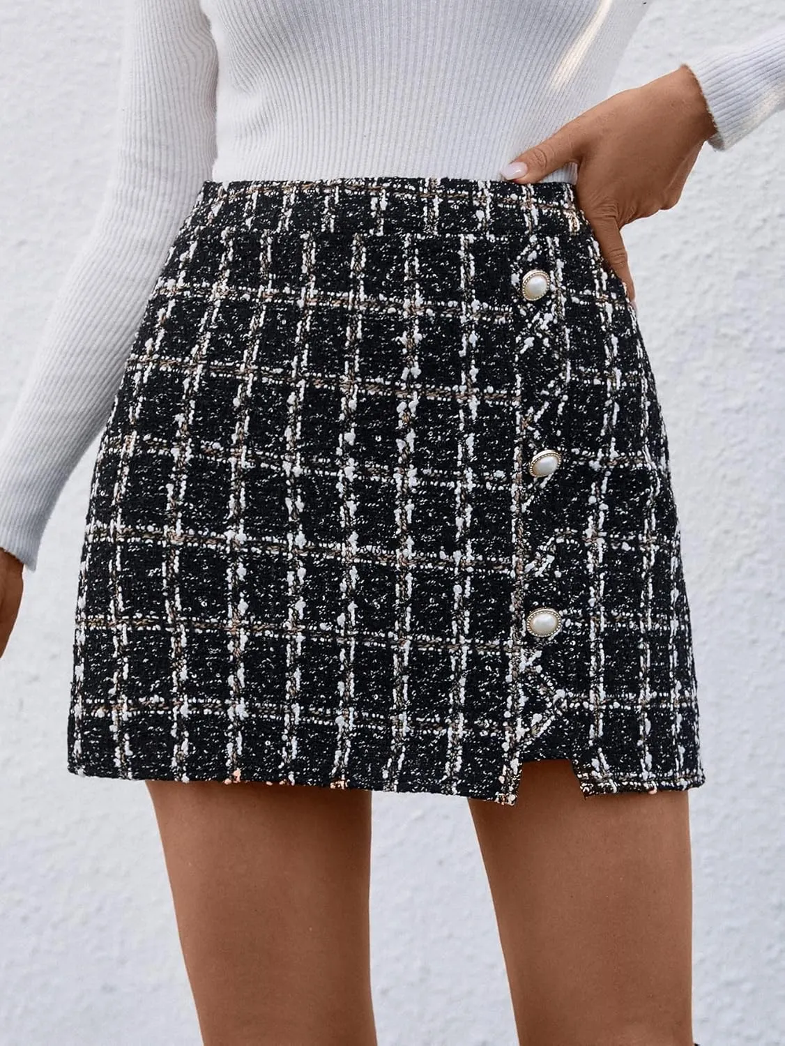 SweatyRocks Women's Elegant High Waist A-line Plaid Tweed Mini Skirt