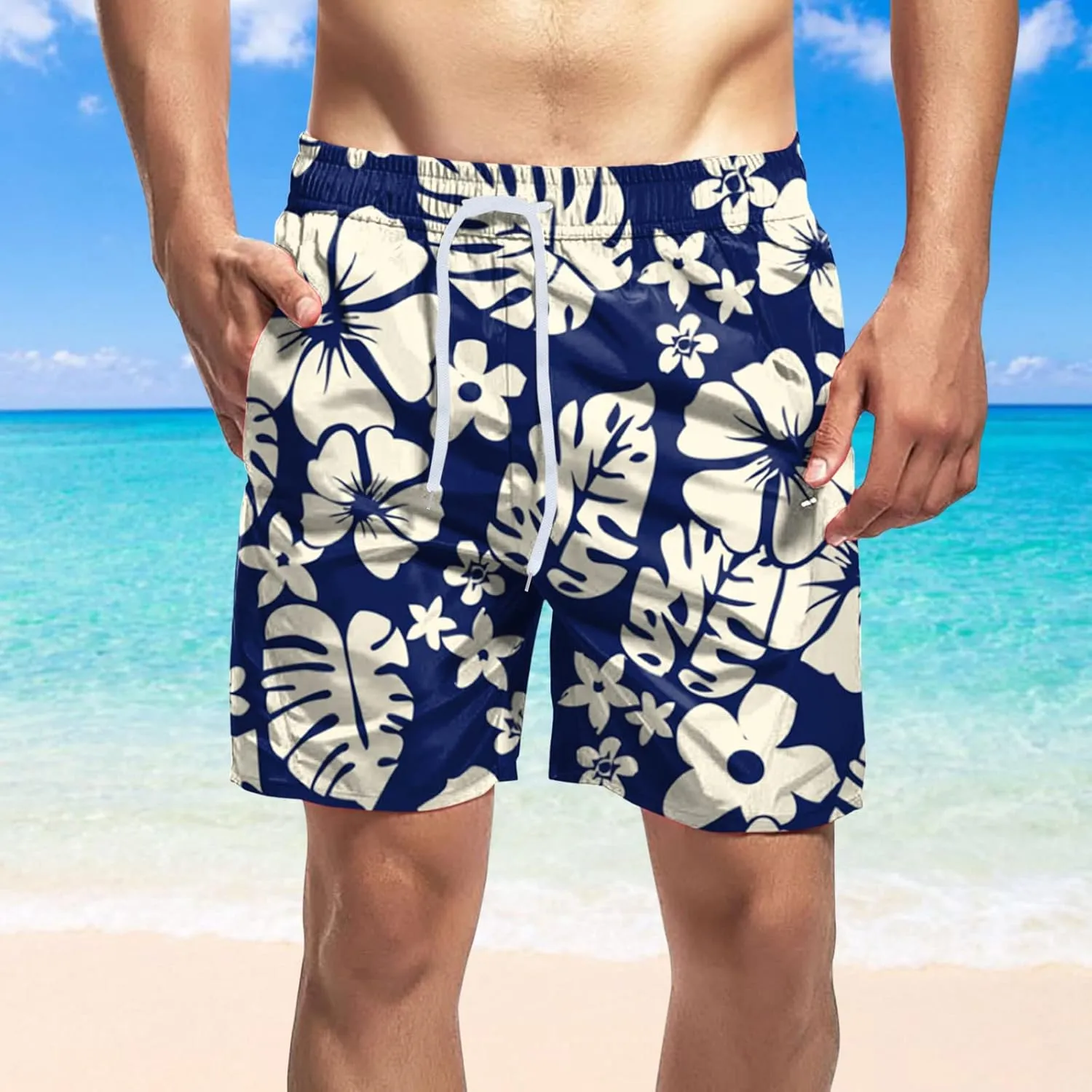 Swimming Shorts for Men Beach Short Casual Loose Fashion Loose Tether Pocket Board Summer Soft with Mesh