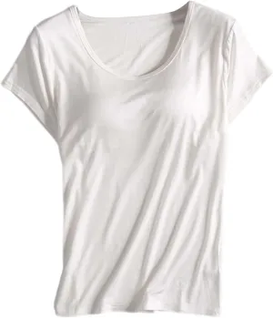 T-Shirt with Built-in Bra Women Workout Yoga Tops Short Sleeve Padded Bras Soft Pajama Plus Size Athletic Shirts