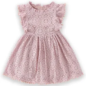 Toddler Girls Cute Pompoms Lace Floral Elegant Retro Swing Party Dress