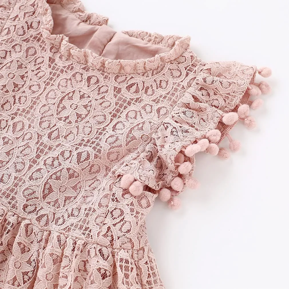 Toddler Girls Cute Pompoms Lace Floral Elegant Retro Swing Party Dress