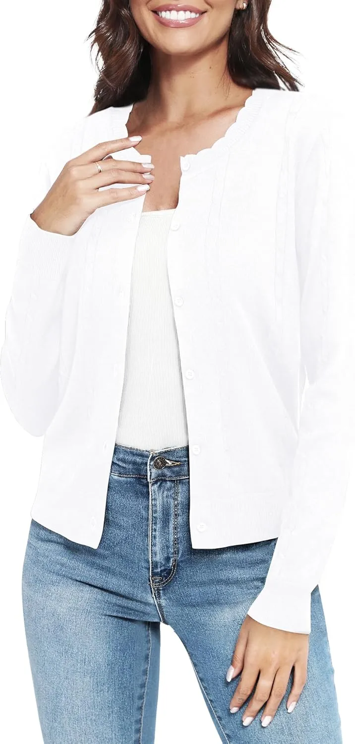 Urban CoCo Women's Lightweight Crew Neck Cropped Cardigan Long Sleeve Open Front Soft Knit Tops Casual Outfit