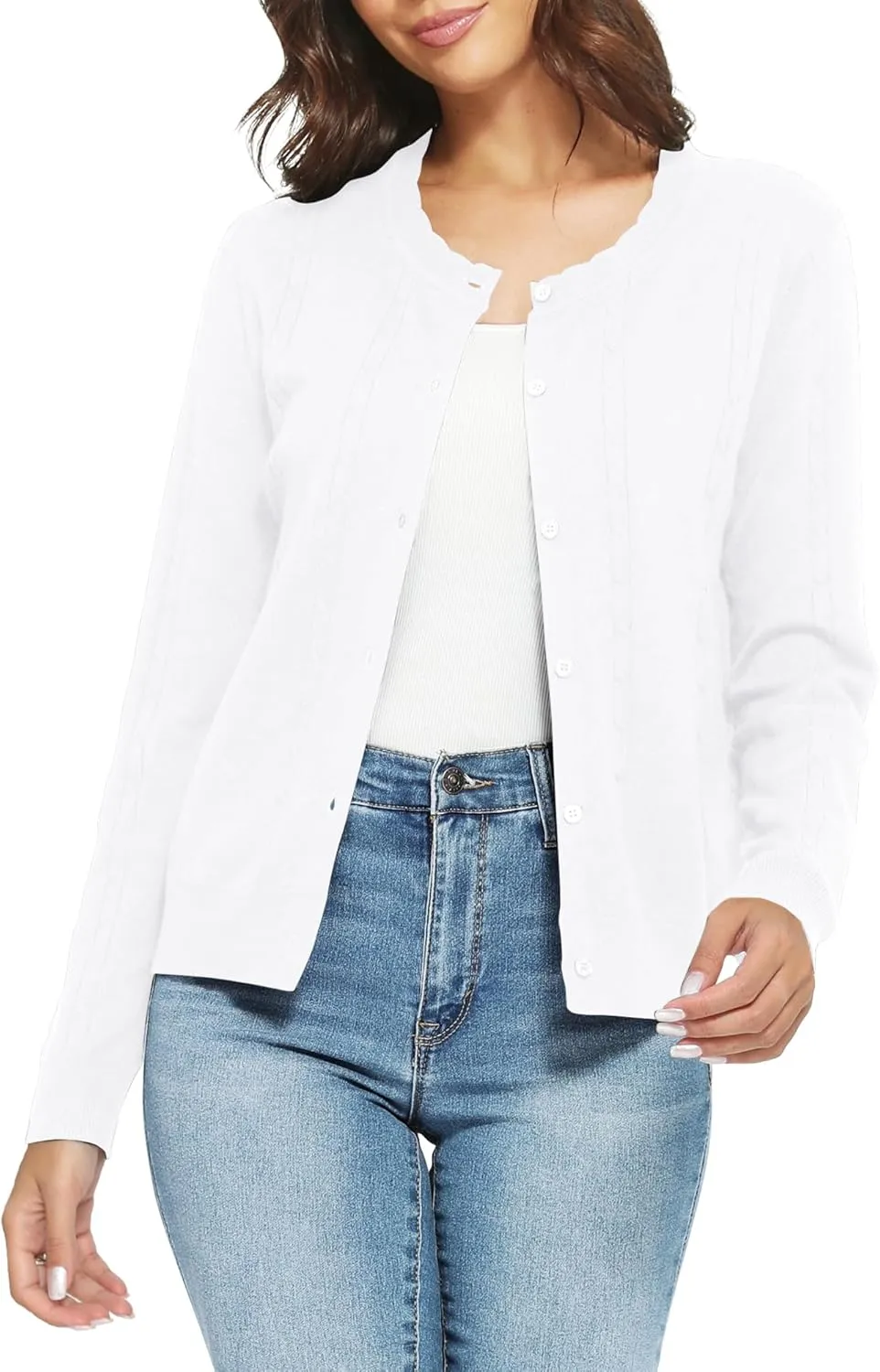 Urban CoCo Women's Lightweight Crew Neck Cropped Cardigan Long Sleeve Open Front Soft Knit Tops Casual Outfit