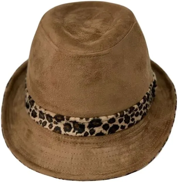 WITHMOONS Leopard Band Fedora Hat Short Brim Suede Trilby LD61466