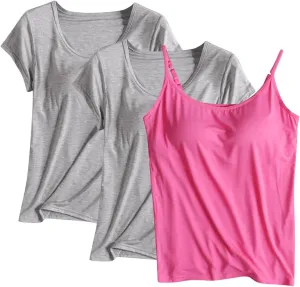 Women Active Quick Dry Stretch Shirt 3 Piece Ultra Soft Built in Bra Homewear Tops Solid Color Breathable Loungewear