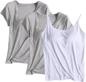 Women Active Quick Dry Stretch Shirt 3 Piece Ultra Soft Built in Bra Homewear Tops Solid Color Breathable Loungewear