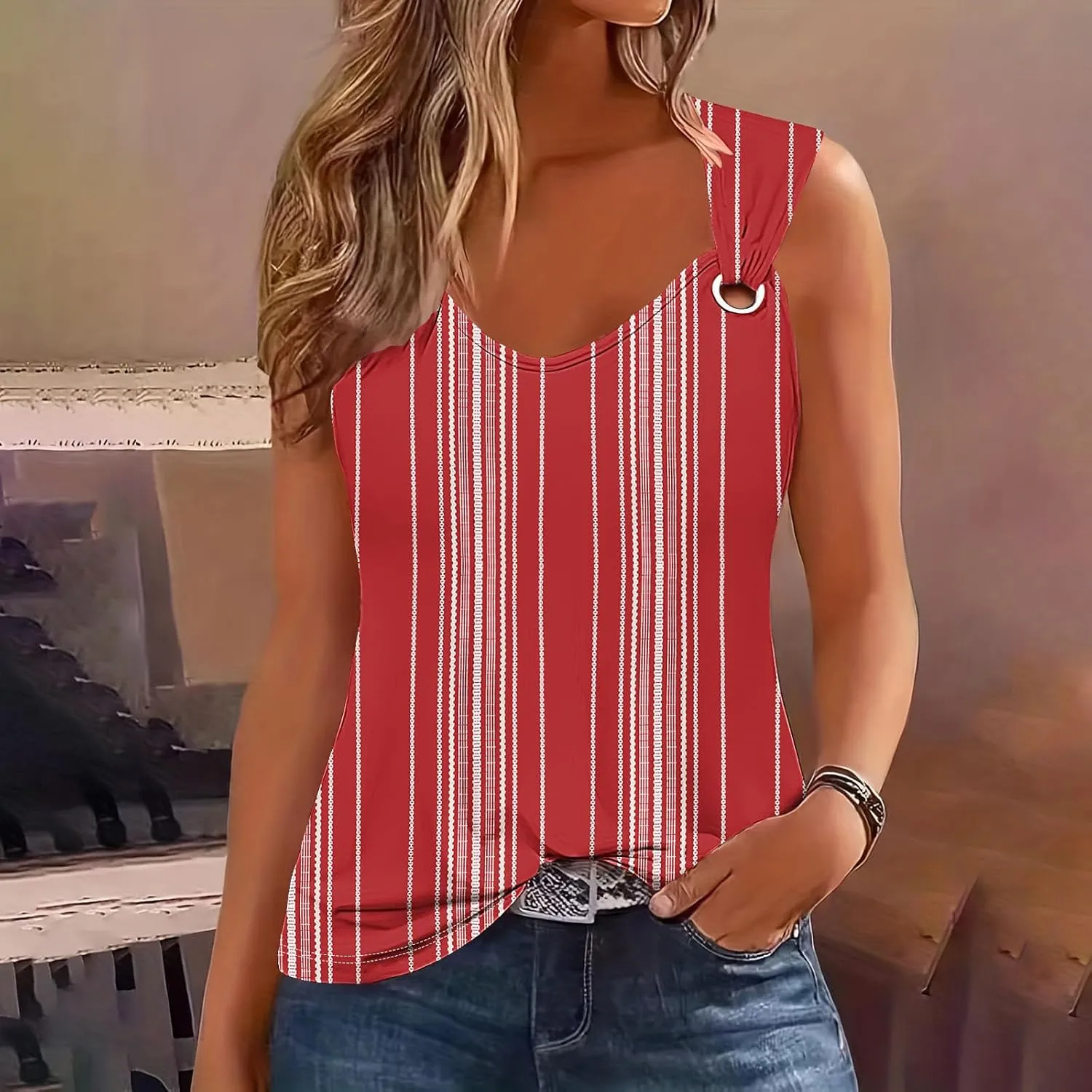 Women Cotton Eyelet Tank Top Cozy Wide Strap Tee Shirt Flowy Loose Sleeveless Tshirts Lightweight Soft Blouse for Summer