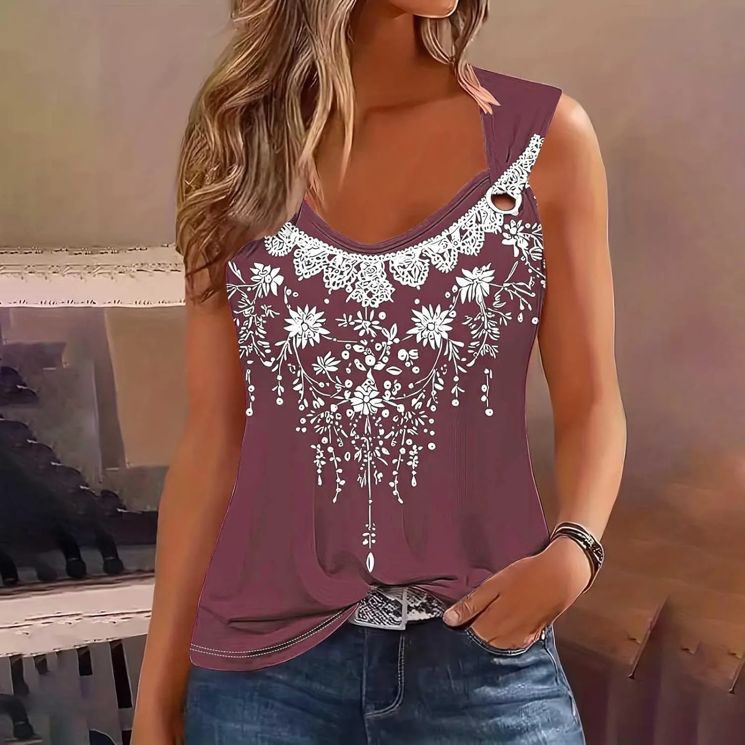 Women Cotton Eyelet Tank Top Cozy Wide Strap Tee Shirt Flowy Loose Sleeveless Tshirts Lightweight Soft Blouse for Summer
