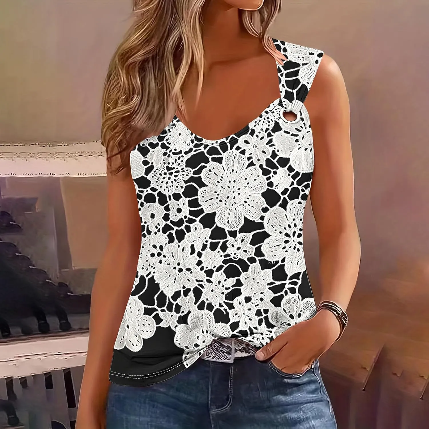 Women Cotton Eyelet Tank Top Cozy Wide Strap Tee Shirt Flowy Loose Sleeveless Tshirts Lightweight Soft Blouse for Summer