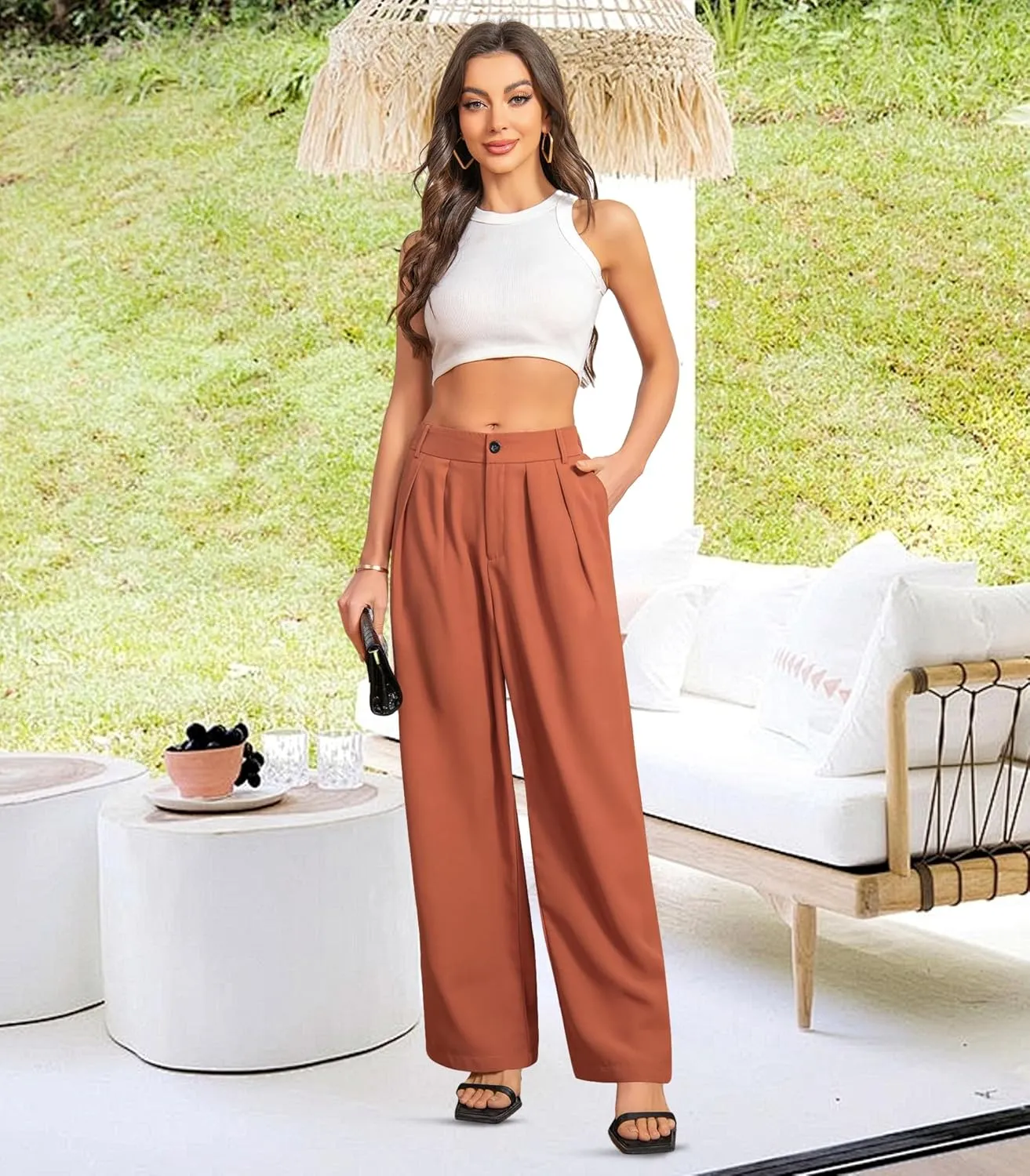 Women High Waist Wide Leg Pants Business Work Trousers Casual Long Straight Pants