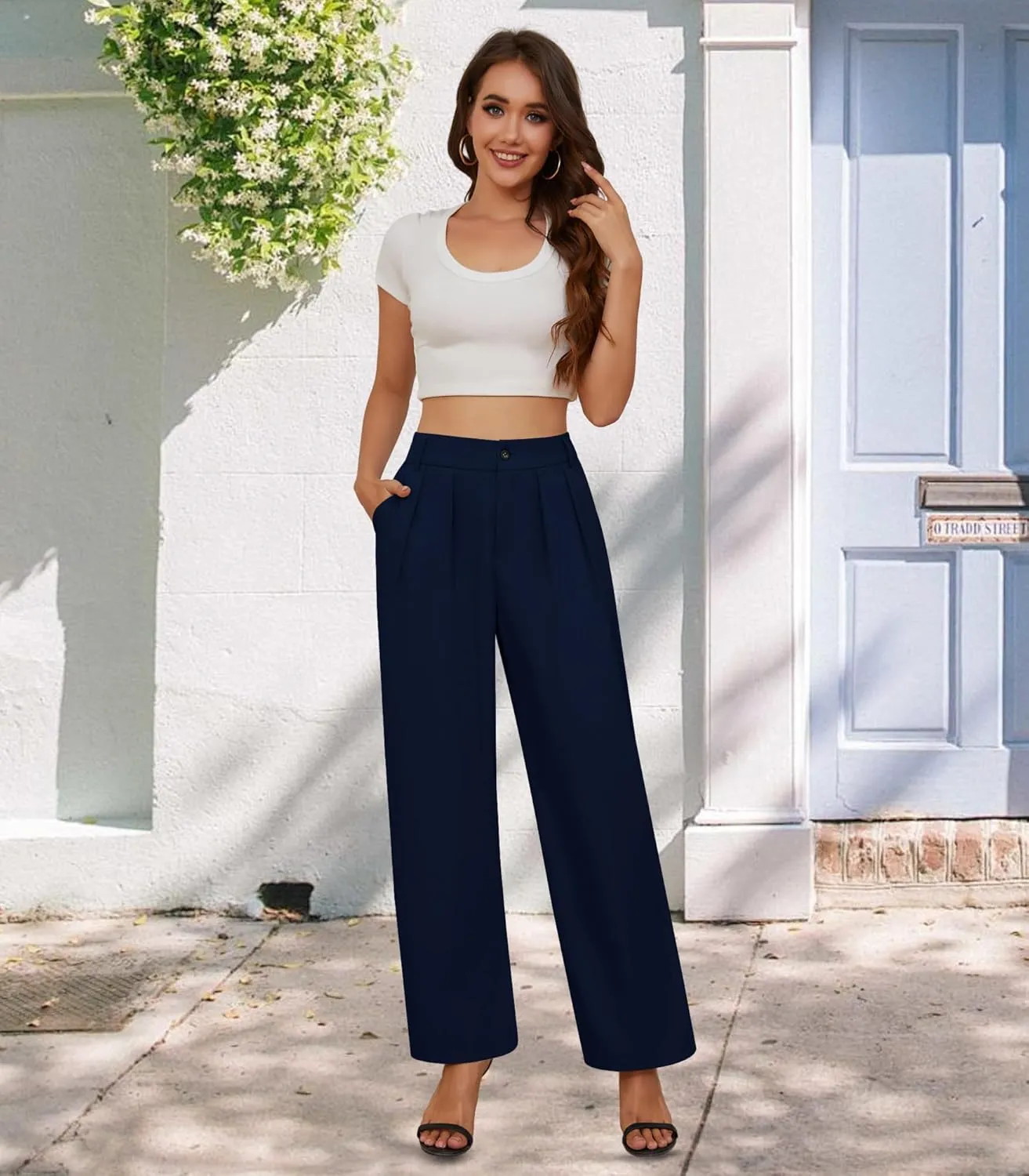Women High Waist Wide Leg Pants Business Work Trousers Casual Long Straight Pants