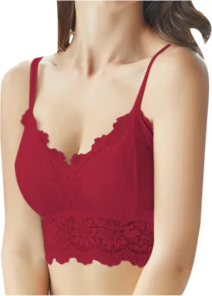 Women Lace Camisole with Built in Bra Sleeveless Scalloped Trim Padded Bralette Sexy V-Neck Undershirt Crop Tank Tops