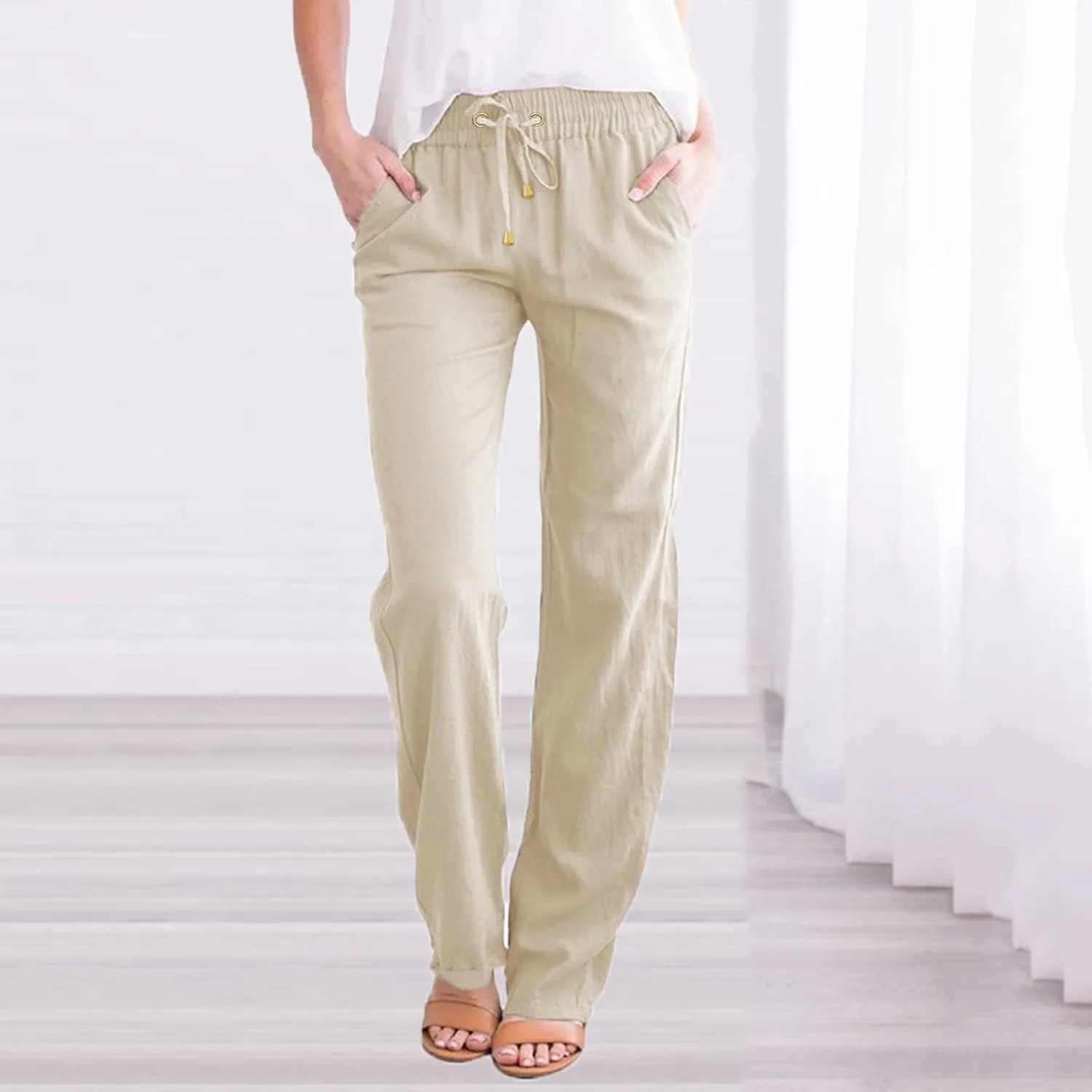 Women Linen Pants Dressy Casual Straight Leg High Elastic Waist Beach Trousers Trendy Drawstring Relaxed Fit Pant with Pocket
