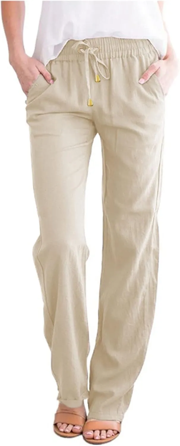 Women Linen Pants Dressy Casual Straight Leg High Elastic Waist Beach Trousers Trendy Drawstring Relaxed Fit Pant with Pocket