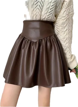 Women Mini Pleated Black Brown Soft Pu Leather Skirt High Waist Preppy Style A Line Faux Leather Skirts