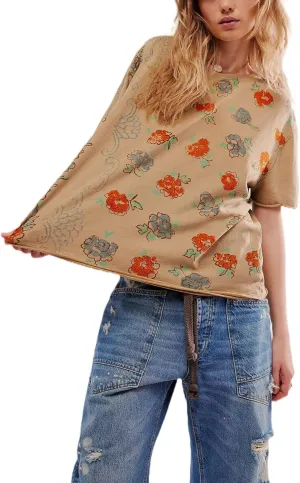 Women Oversized Floral Graphic Tee Tops Summer Coastal Vintage Y2k Preppy Clothes Cute Beachy Crew Neck Baggy Shirts