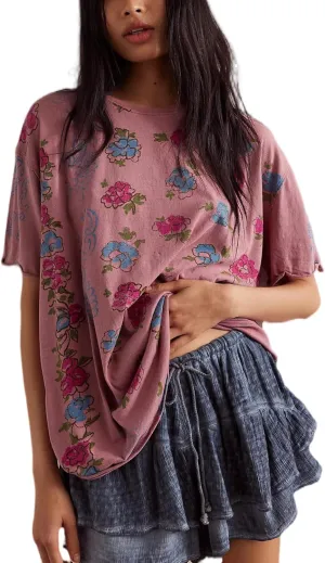 Women Oversized Floral Graphic Tee Tops Summer Coastal Vintage Y2k Preppy Clothes Cute Beachy Crew Neck Baggy Shirts