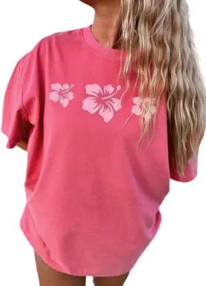 Women Oversized Floral Graphic Tee Tops Summer Coastal Vintage Y2k Preppy Clothes Cute Beachy Crew Neck Baggy Shirts