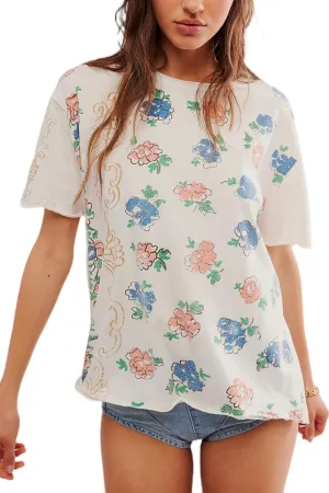 Women Oversized Floral Graphic Tee Tops Summer Coastal Vintage Y2k Preppy Clothes Cute Beachy Crew Neck Baggy Shirts