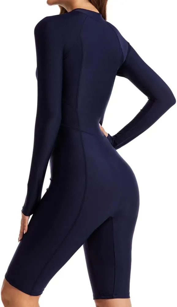 Women Rash Guard Long Sleeve Shirts Boyleg One Piece Swimsuit Surfing Bathing Suit UPF 50 Front Zip Surf Wetsuit