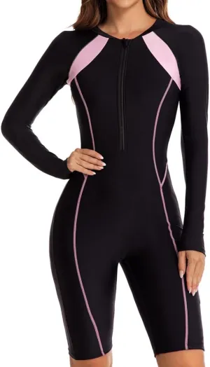 Women Rash Guard Long Sleeve Shirts Boyleg One Piece Swimsuit Surfing Bathing Suit UPF 50 Front Zip Surf Wetsuit