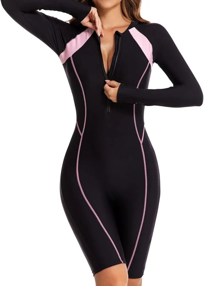 Women Rash Guard Long Sleeve Shirts Boyleg One Piece Swimsuit Surfing Bathing Suit UPF 50 Front Zip Surf Wetsuit