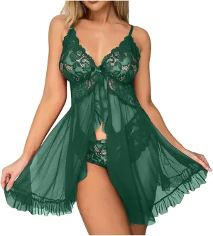 Women Sexy Lingerie Sheer Lingerie Dress Lace Babydoll Lingerie V-Neck Open Front Strap Nightdress Bridal Nightgowns