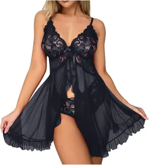 Women Sexy Lingerie Sheer Lingerie Dress Lace Babydoll Lingerie V-Neck Open Front Strap Nightdress Bridal Nightgowns