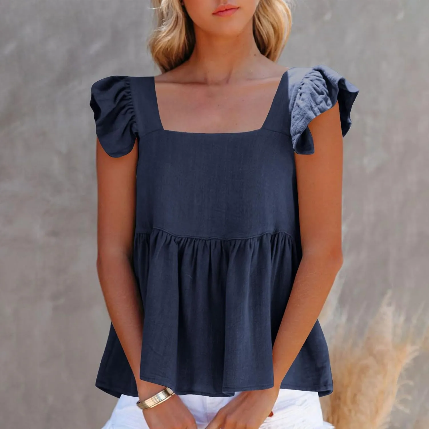 Women Solid Pleated Square Neck Casual Tank Tops, Fashion Loose Cap Sleeve Summer Babydoll Shirts Daily Casual Clothes