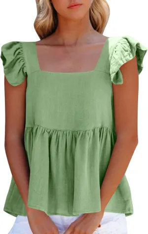 Women Solid Pleated Square Neck Casual Tank Tops, Fashion Loose Cap Sleeve Summer Babydoll Shirts Daily Casual Clothes