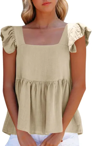 Women Solid Pleated Square Neck Casual Tank Tops, Fashion Loose Cap Sleeve Summer Babydoll Shirts Daily Casual Clothes