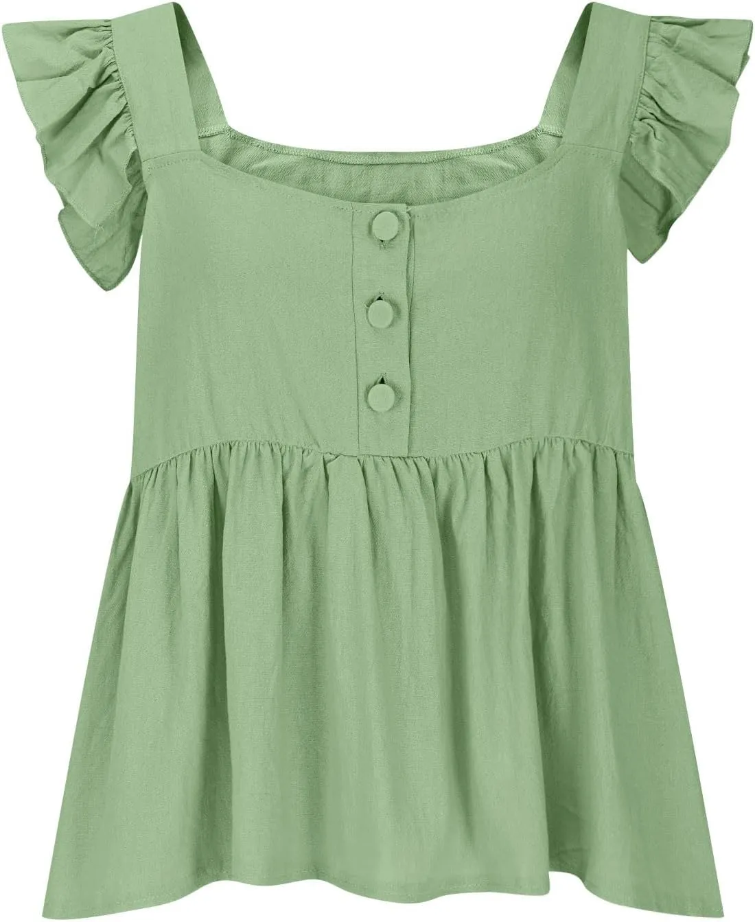 Women Solid Pleated Square Neck Casual Tank Tops, Fashion Loose Cap Sleeve Summer Babydoll Shirts Daily Casual Clothes