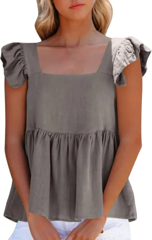 Women Solid Pleated Square Neck Casual Tank Tops, Fashion Loose Cap Sleeve Summer Babydoll Shirts Daily Casual Clothes