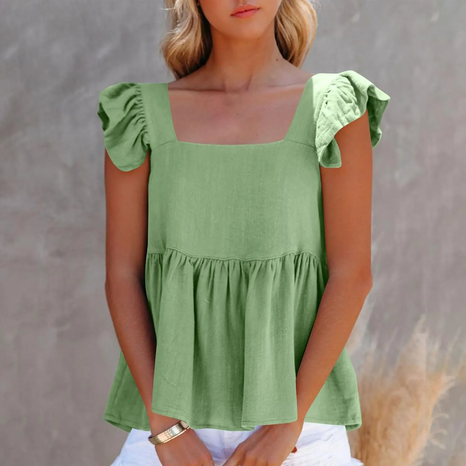 Women Solid Pleated Square Neck Casual Tank Tops, Fashion Loose Cap Sleeve Summer Babydoll Shirts Daily Casual Clothes