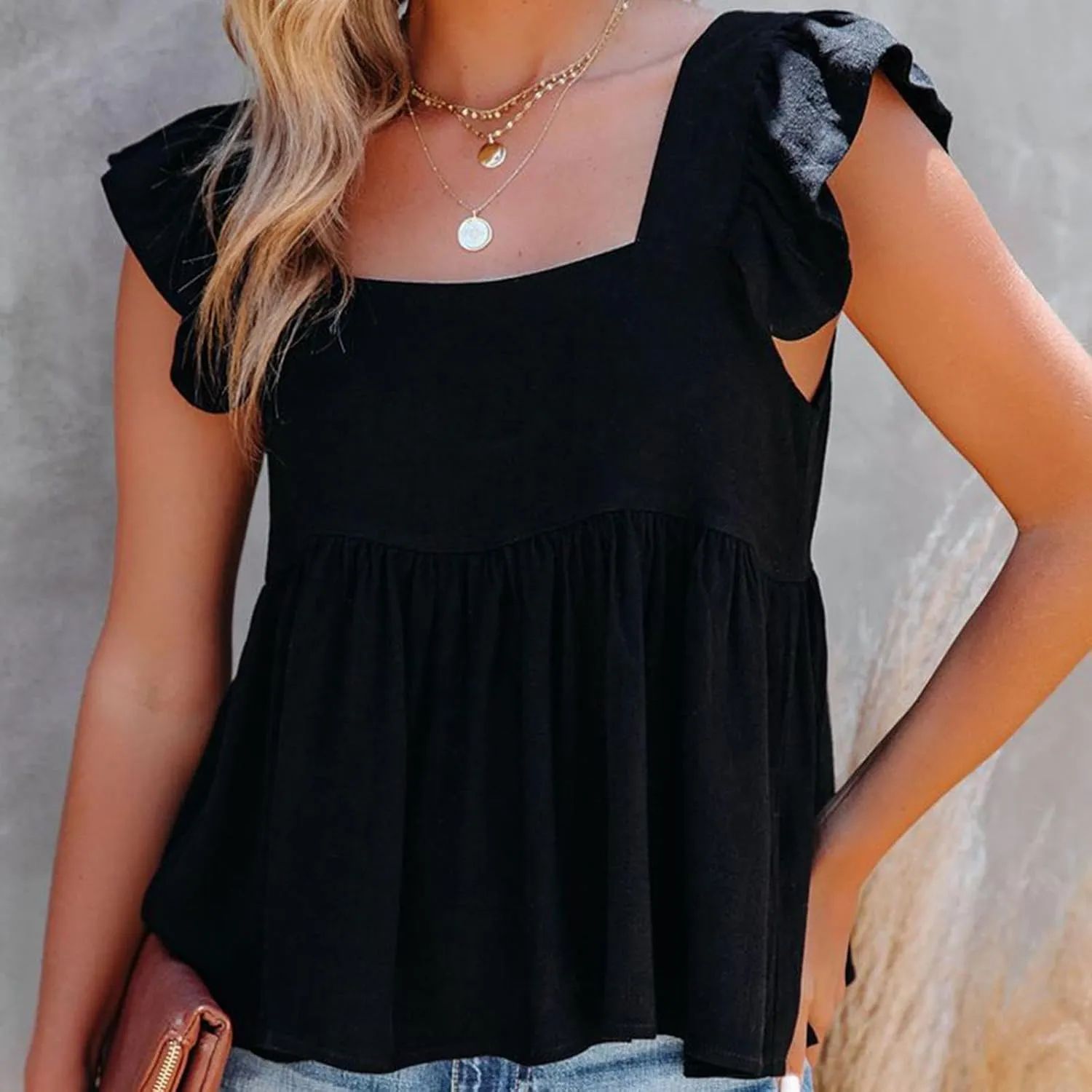 Women Solid Pleated Square Neck Casual Tank Tops, Fashion Loose Cap Sleeve Summer Babydoll Shirts Daily Casual Clothes