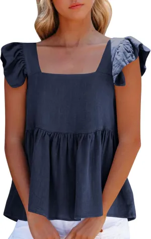 Women Solid Pleated Square Neck Casual Tank Tops, Fashion Loose Cap Sleeve Summer Babydoll Shirts Daily Casual Clothes