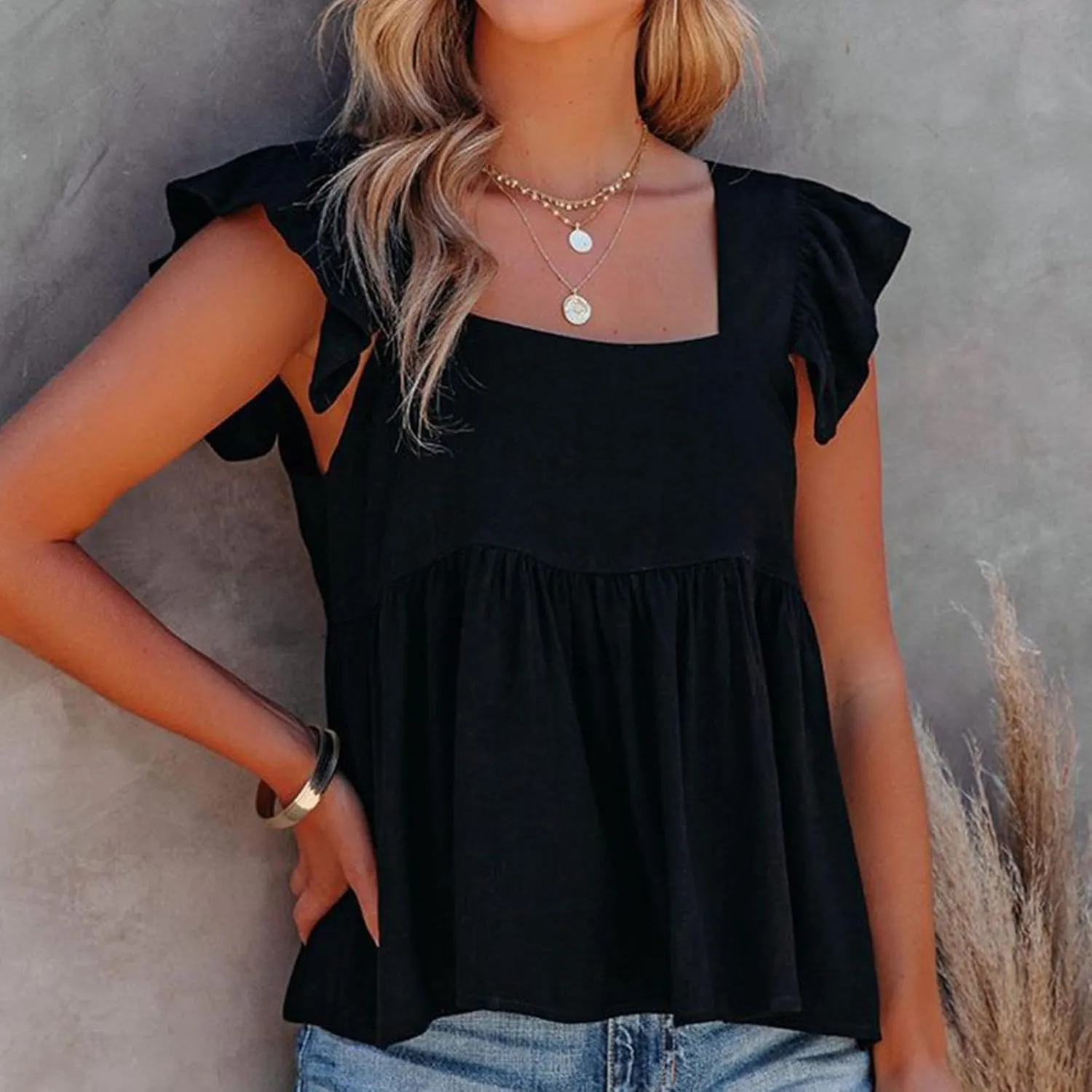 Women Solid Pleated Square Neck Casual Tank Tops, Fashion Loose Cap Sleeve Summer Babydoll Shirts Daily Casual Clothes